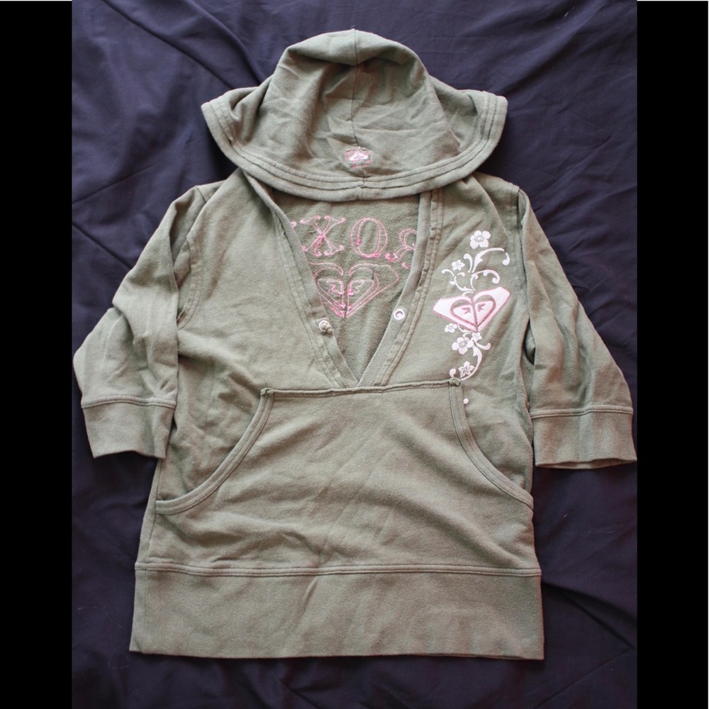 • ROXY • Army Green Sleeved Hooded Sweatshirt
